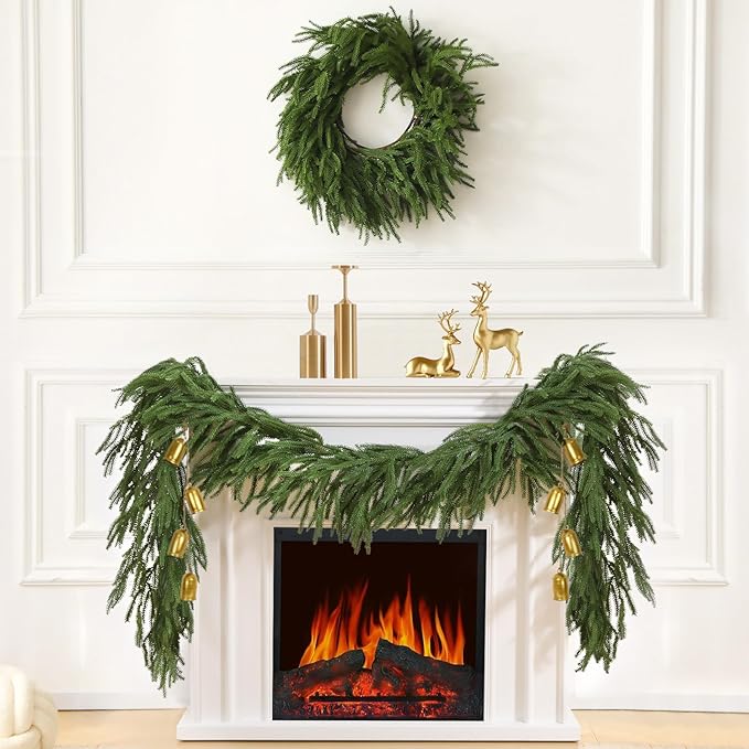 2PCS 6FT Christmas Norfolk Pine Garland, Realistic Greenery Artificial Garland for Indoor Outdoor Door Porch Fireplace Wall Staircase Holiday Christmas Decor