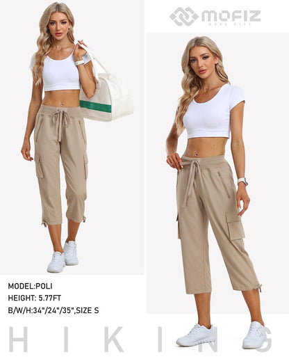 MoFiz Womens Capris with Pockets Loose Fit Casual Capri Pants Lightweight Ladies Cargo Pants for Hiking Khaki M