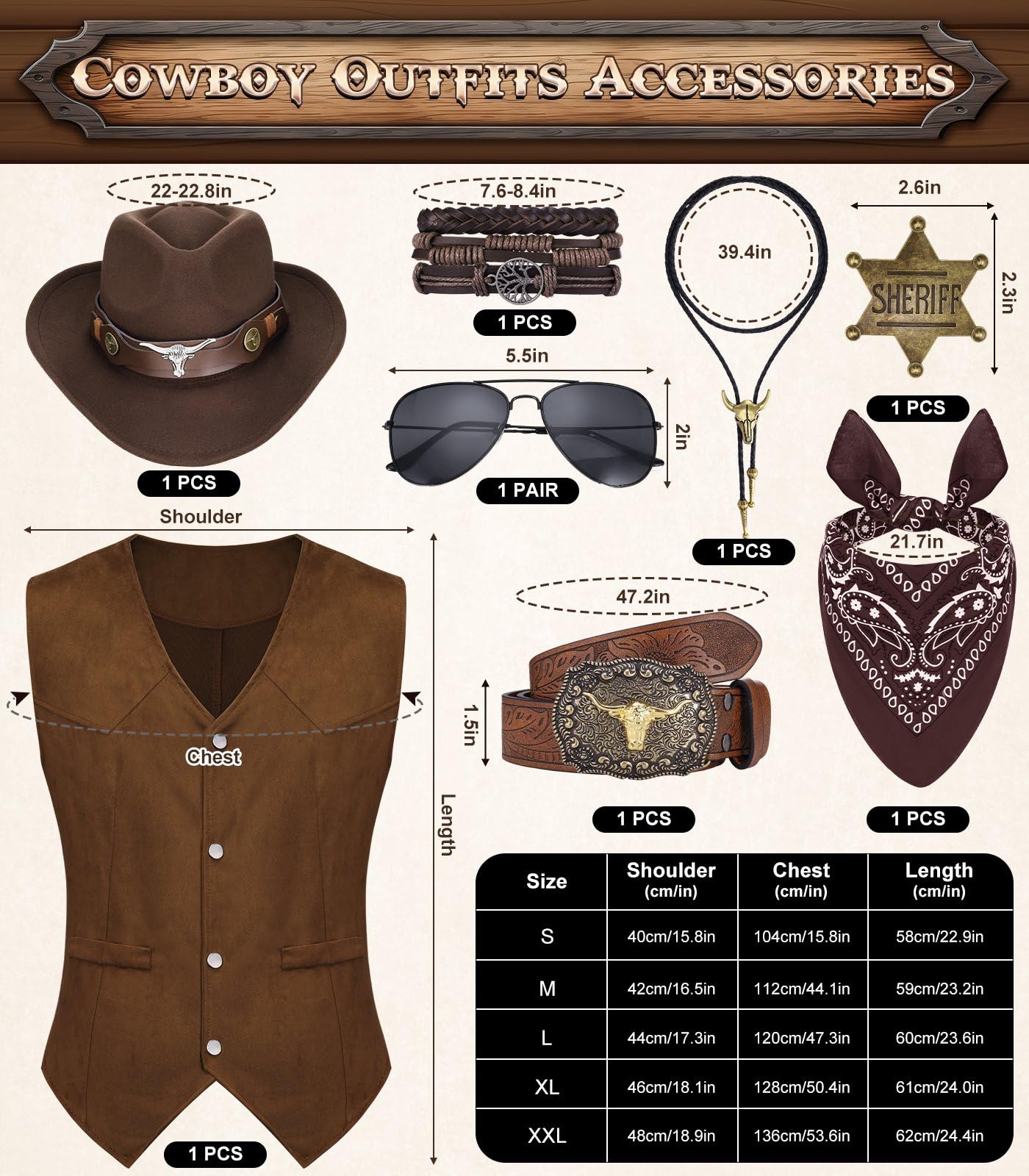 8 PCS Men’s Western Cowboy Costume Set with Cow Vest & Hat Retro Accessories Halloween Party Cosplay Darkbrown-L