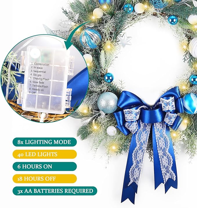 TOKCARE Prelit Christmas Wreath with Blue Bow and Ball Ornaments 22 Inch Christmas Wreath with Lights for Front Door Battery Operated Timer 40 LED Lights, Holiday Decoration for Fireplace Xmas Decor