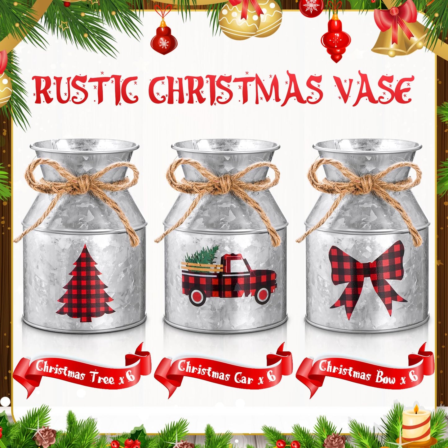 Domensi 6 Pcs Christmas Flower Vases for Table Centerpieces Bulk 5.12 Inch Rustic Metal Galvanized Flower Buckets with Bow Farmhouse Buffalo Plaid Xmas Milk Can Jug for Kitchen Dining Table Decor