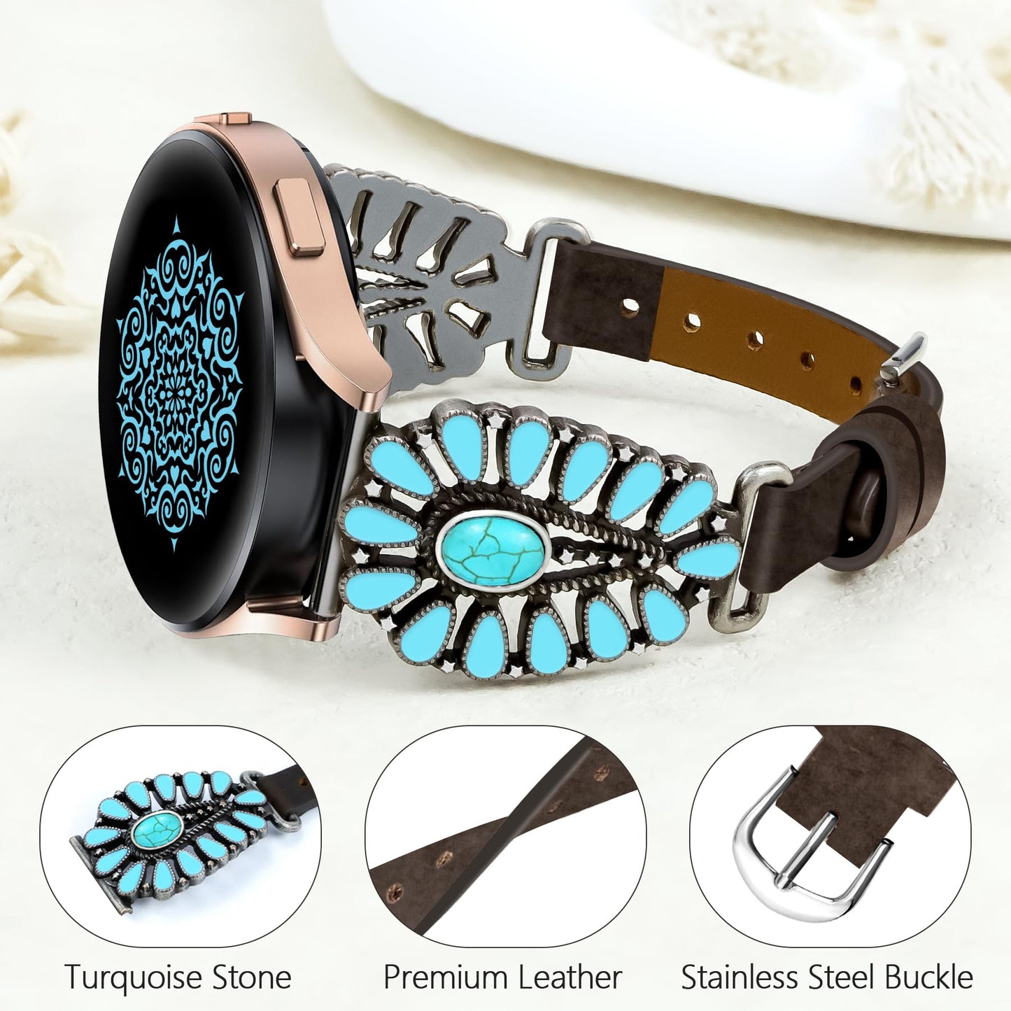 JR.DM Leather Band Women Compatible with Samsung Galaxy Watch 7/6/5/4/Active 2 40mm 44mm/Watch 6 Classic 43mm 47mm/Watch 5 Pro 45mm/Watch 4 Classic 42mm 46mm, Western Boho Turquoise 20mm Straps, Brown