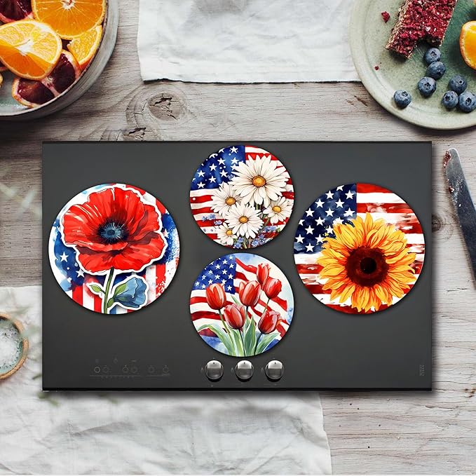 Tucocoo Flowers Electric Stove Burner Covers，4 Pcs American Flag Flowers Round Stove Burner Covers，8 Inches and 10 Inches，Gas Stove Burner Cover,Metal Cooktop Decorative，Home Decor,Kitchen Decor