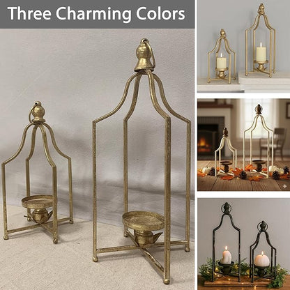 12.5" & 16.5" Timeless Cozy Decorative Lanterns Set of 2, Handcrafted Metal Iron Candle Holders, Farmhouse Elegance Fireplace Mantel Table Festive Gatherings Decor (Antique Gold)
