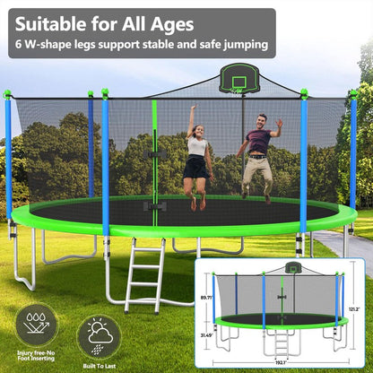Lyromix Upgraded 16FT Trampoline with Lights, Large Outdoor Trampoline with Sprinkler,Basketball Hoop and Net, Capacity for 5-8 Kids and Adults, Teal Blue