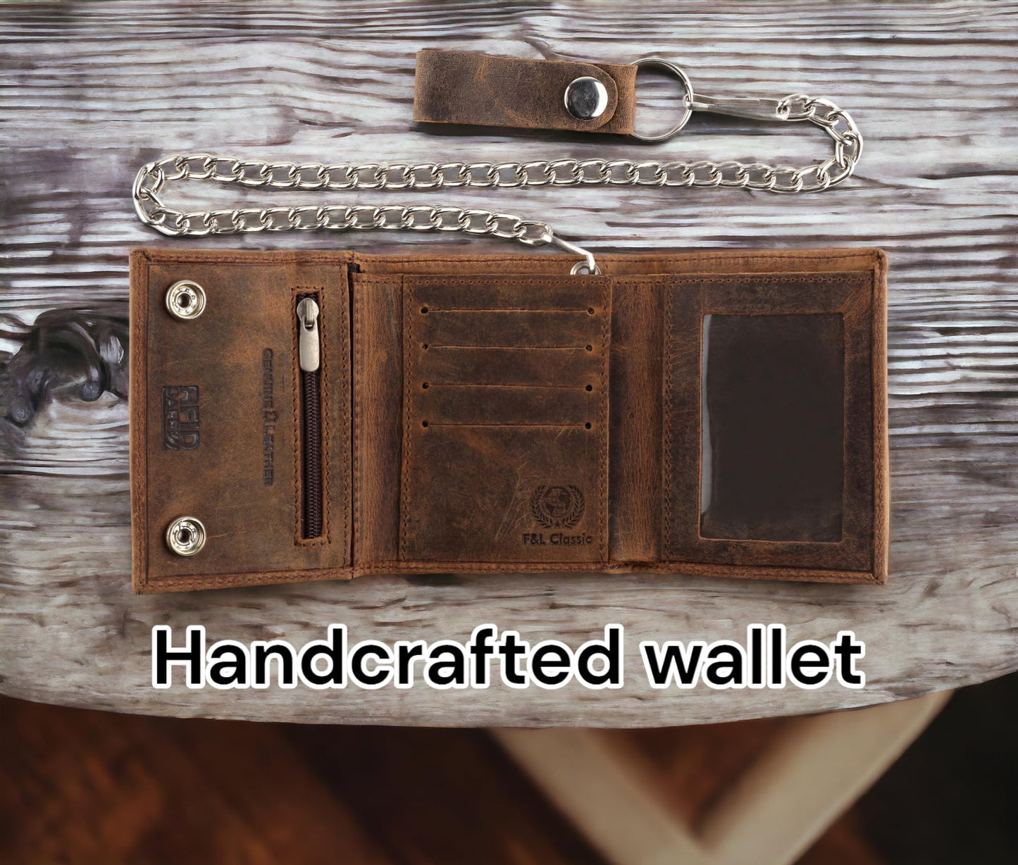 F&L CLASSIC RFID Blocking Men's Tri-fold Vintage Biker Cowhide Leather Steel Chain Wallet,Snap closure, USA,Vintage buffalo brown,315