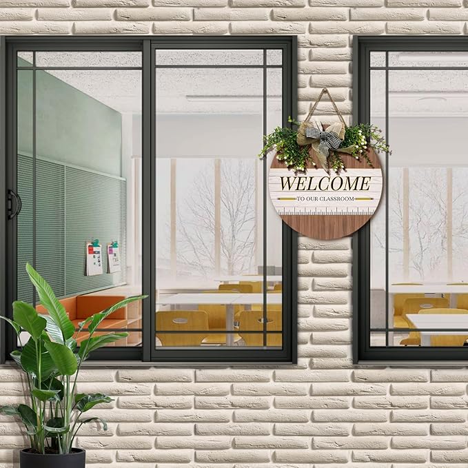 Welcome Sign for Classroom Door Welcome to Our Classroom front Door Sign with Wreath Teacher Round Hanging Wooden Plaque with Bow Decoration Welcome Back to School Wall Signs Porch 12×12 Inch