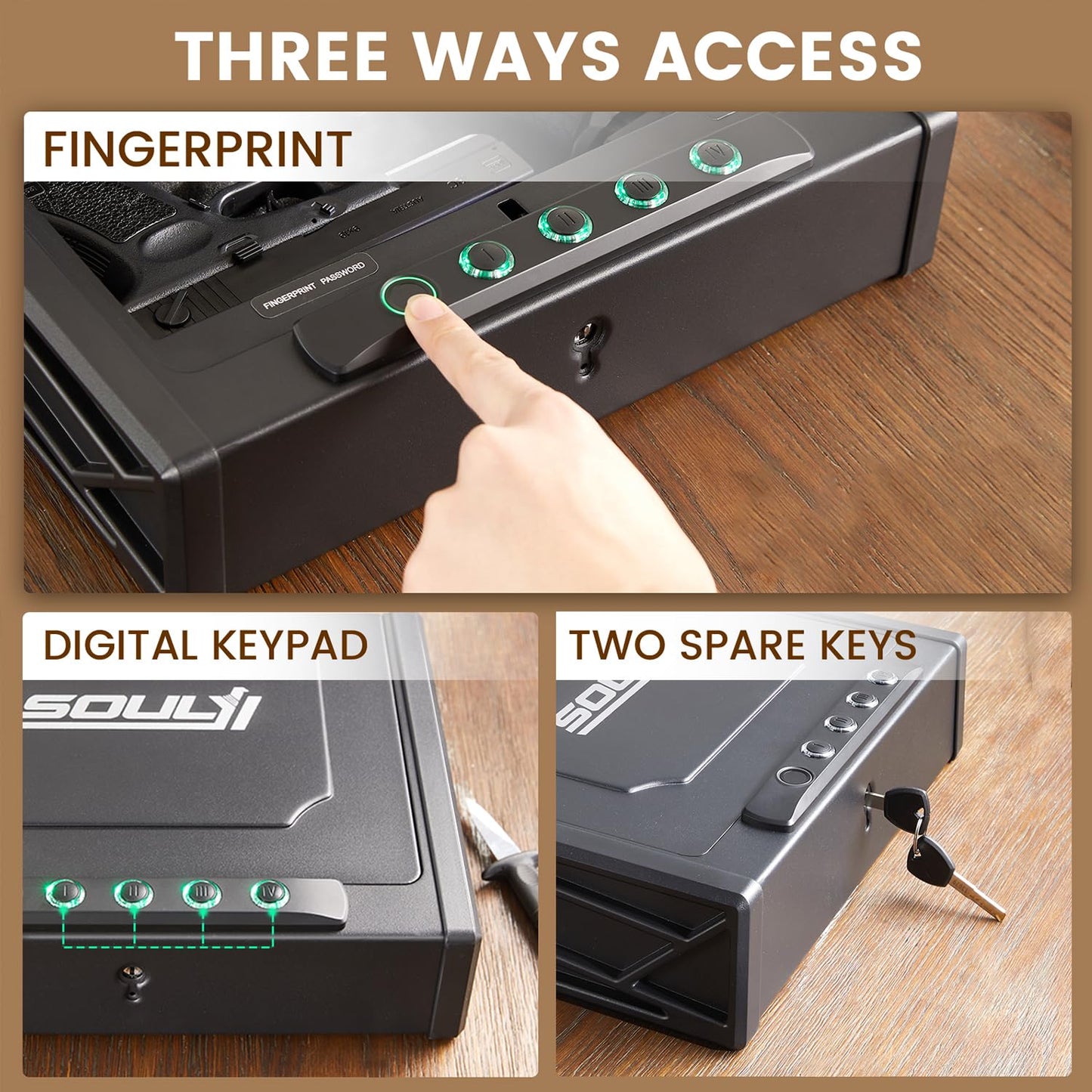 SOULYI Biometric Fingerprint Gun Safe for 3 Pistols Safe DOJ Certified with 3 Quick Access Handgun,Digital Keypad Frosted Black Bedside Firearm Safety Car Safe Hardened Steel Lock Box