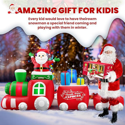 10 FT Deluxe Christmas Inflatables Train with Santa Claus, Gift Box, Christmas Tress, Built-in LED Lights, Blow Up Lovely Train Carriage for Christmas Party Holiday, Outdoor Garden Lawn Yard Decor