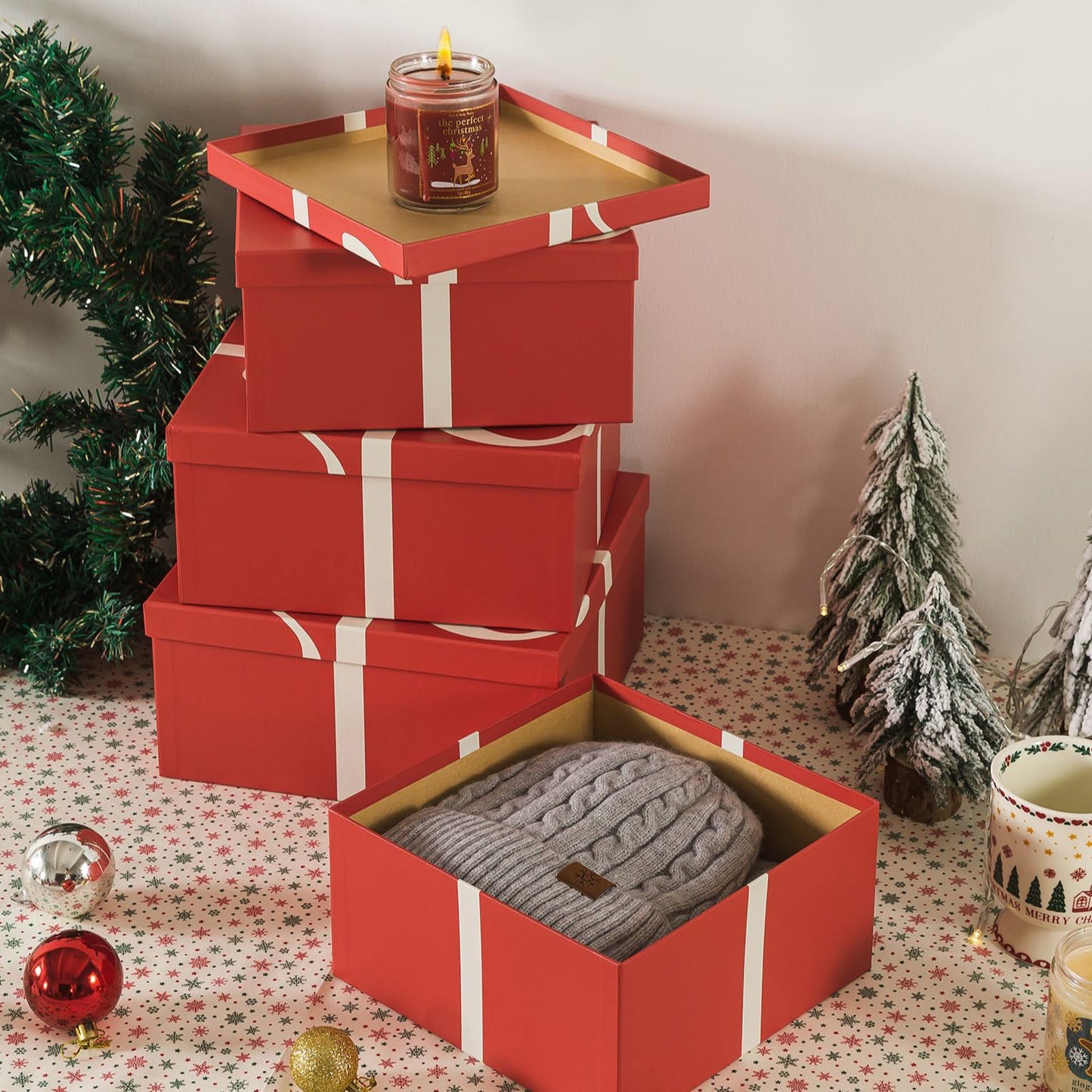 Soul & Lane Christmas Square Decorative Boxes with Lids - Set of 4 - Festive Red, Reusable Large Nesting Holiday Gift Boxes for Presents and Décor