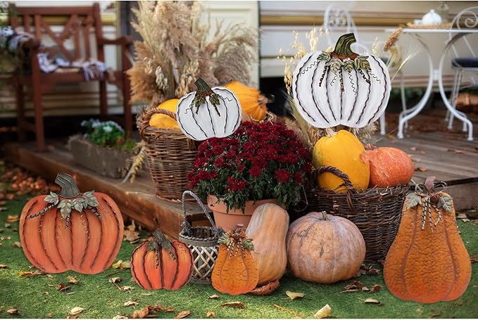 Metal Pumpkin Stakes Yard Signs Fall Decor Decorative Garden Stake Lawn Pumpkins Ornaments Outdoor Autumn Decoration for Harvest Halloween Thanksgiving (26" H White x2)
