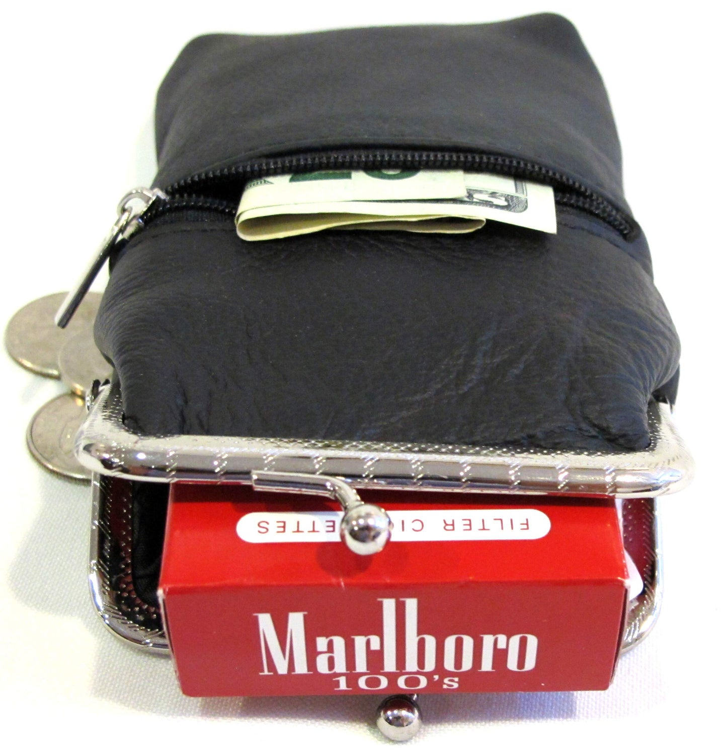 Women 100% Pure Leather Cigarette Case Lighter Match Pocket Zipper Coin Pouch -4 Color (Black)