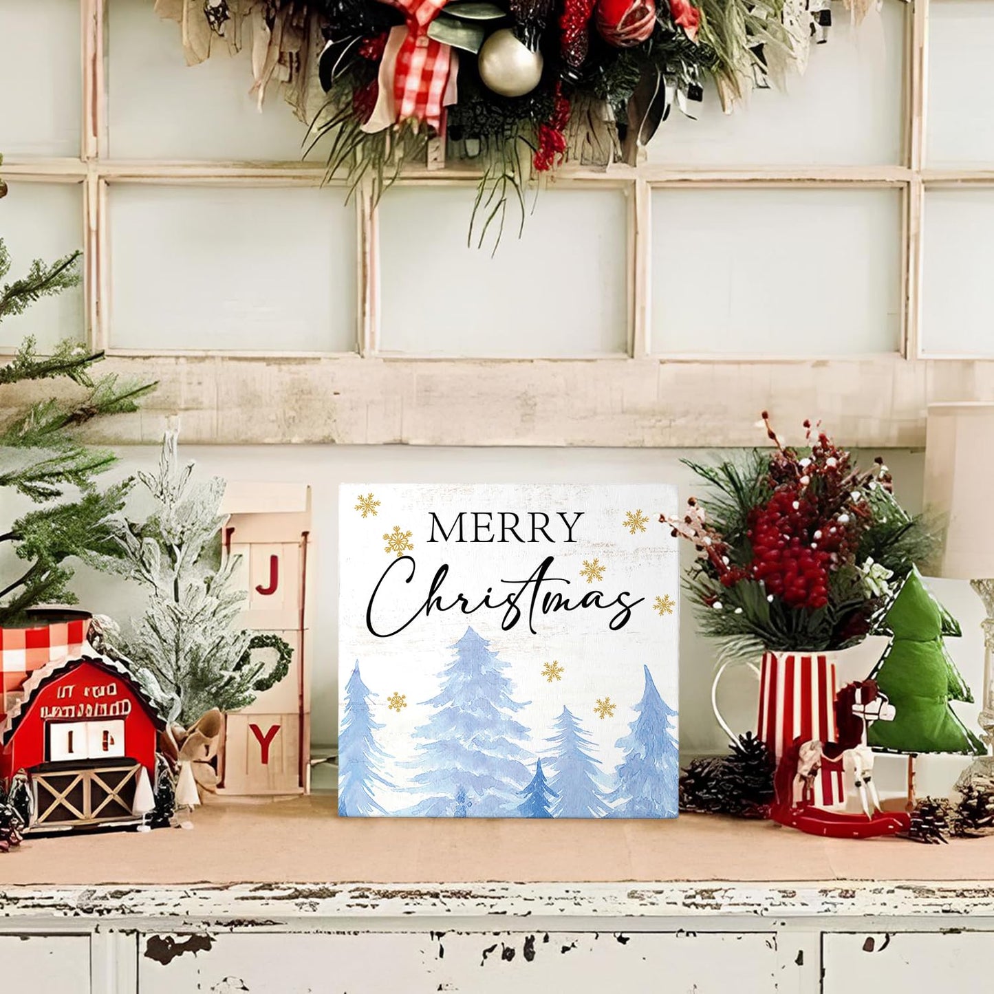 Mtrgdn Blue Christmas Decor Wooden Box Sign,Rustic Merry Christmas Sign for Bedroom Bathroom Home Office Desk Shelf Wall Decor,Blue Xmas Tree Decorations Gifts for Women Girls,5x5 Inch