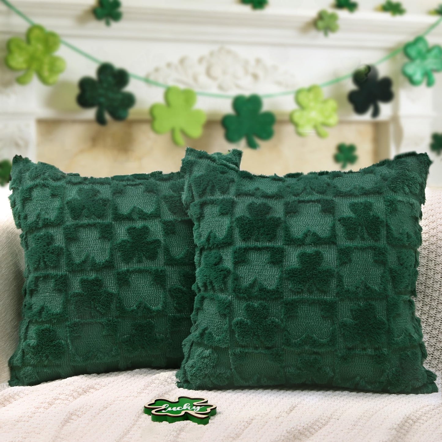 Heirloom Haven St Patrick’s Day Pillow Covers Set of 2,Green Shamrock Irish Soft Plush Faux Fur Jacquard Throw Pillows Decorations for Bedroom Sofa Holiday Festivals Home Decor 18x18 inch