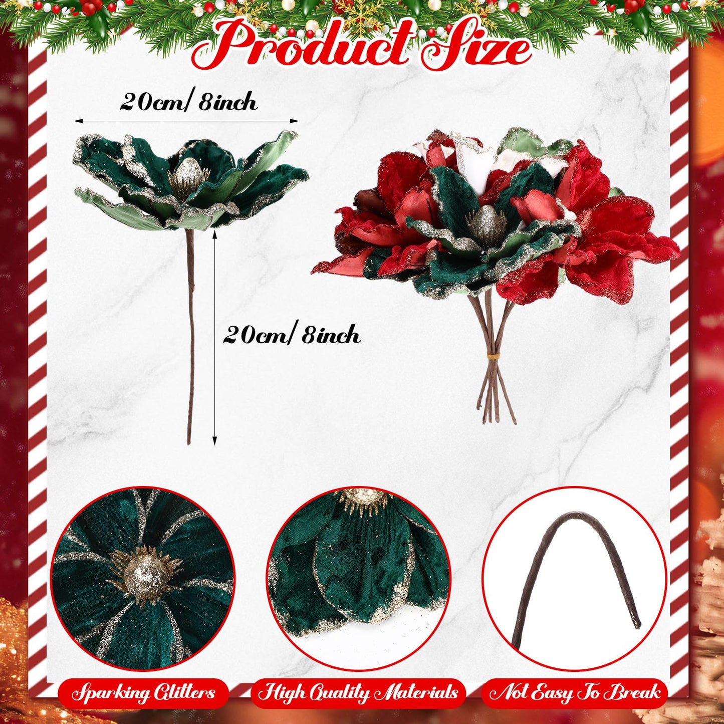 Suncalla 24 Pcs Christmas Velvet Magnolia Flowers Large Artificial Poinsettia Flower Picks 8'' Christmas Glitter Magnolia Floral Picks Stems for Xmas Tree Party (Burgundy Brown Green Cream White)