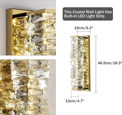 Crystal Wall Sconces Set of 2 Gold Crystal Wall Lighting with LED ‎Adjustable Color Temperature Modern Wall Lights Indoor Beautiful Glass Wall Light for Bedroom Living Room Hallway