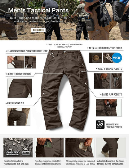 CQR Men's Tactical Pants, Water Resistant Ripstop Cargo Pants, Lightweight EDC Work Hiking Pants, Outdoor Apparel, Raider Mag Pocket Dark Brown, 36W x 32L