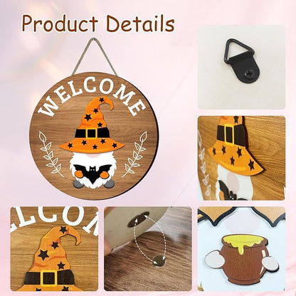 Interchangeable Seasonal Welcome Sign Front Door Decoration,Rustic Round Wood Wreaths Wall Hanging Outdoor Decor for Spring Summer Autumn and Winter All Seasons Holiday Halloween Christmas(Elf)