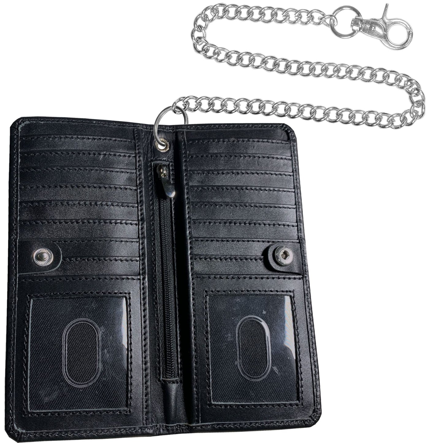 CLASSIC Motorcycle Chain Wallet for Men – Premium Cowhide Leather, RFID Bi-Fold Biker Wallet with Heavy Duty Chain for Bikers Truckers & Hunters, Credit Card Money Organizer Long Wallet Aniline Black