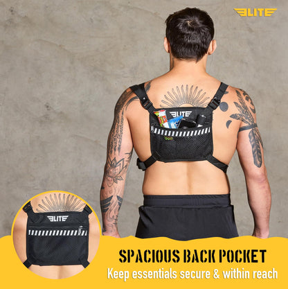 Elite Sports Running Vest w/Phone Holder for Men/Women, Reflective Lightweight Chest Pack w/Touch Friendly Phone Sleeve, Camera Pocket - Chest Rig for Hiking, Trail, Marathon, Camping