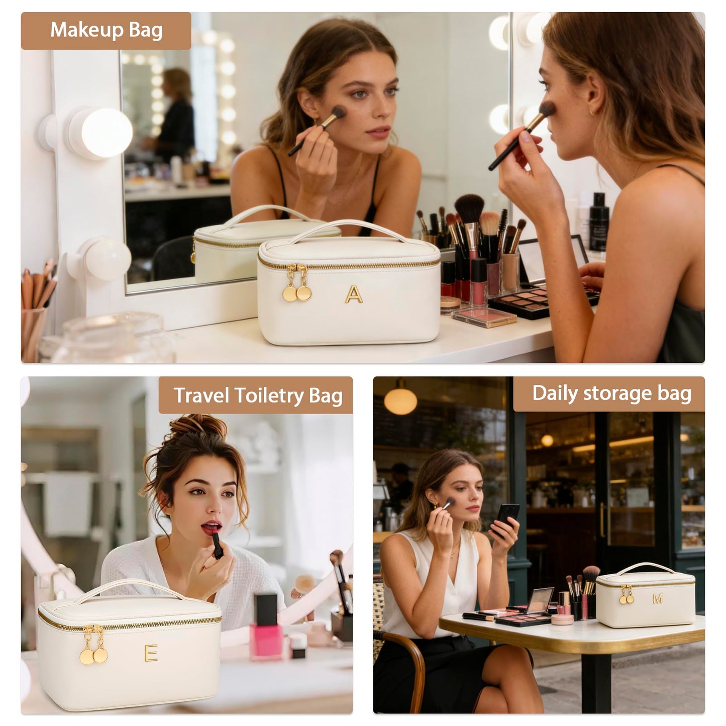 CLOUDWINGS Gifts for Women Travel Makeup Bag Personalized Cosmetic Bag Portable Large Capacity Toiletry Bag(Beige-A)