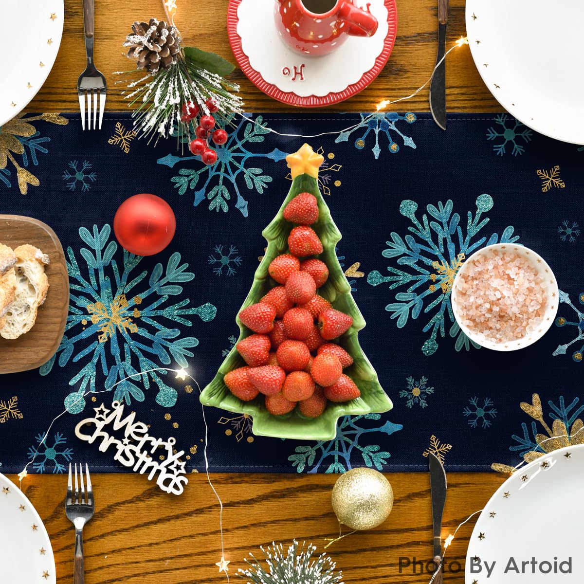Artoid Mode Blue Snowflakes Hexagon Winter Table Runner, Seasonal Christmas Kitchen Dining Table Decoration for Outdoor Home Party 13x90 Inch
