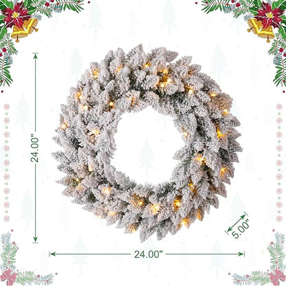 Glitzhome 24" D Pre-Lit Snow Flocked Christmas Wreath with Warm White LED Lights and Timer Artificial Decoration Wreath for Front Door Wall Window Indoor Outdoor Christmas Decorations