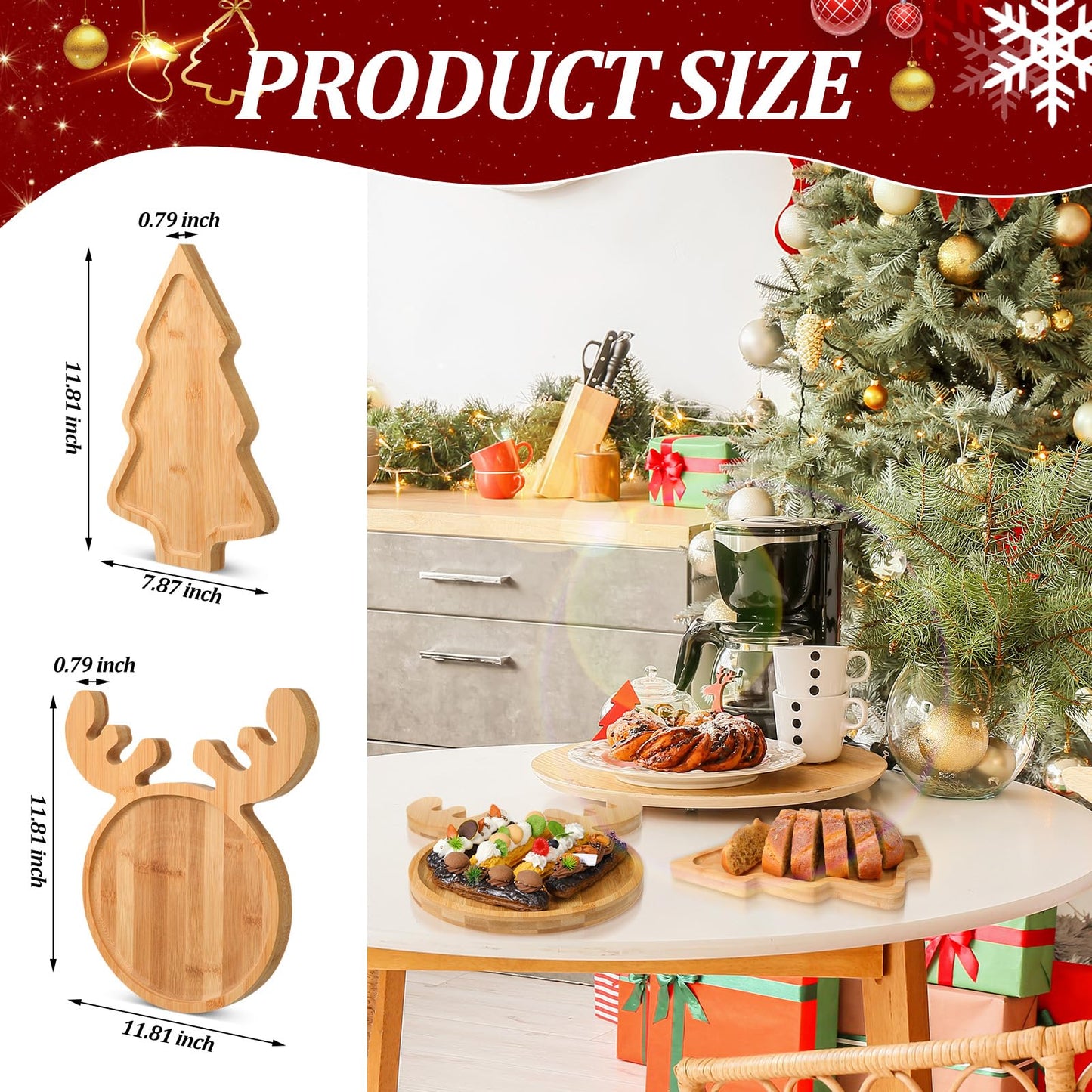 Sintuff 2 Pcs Christmas Charcuterie Board Xams Tree and Elk Shaped Bamboo Serving Tray Natural Wooden Snack Platters Cute Gifts Christmas Tree Platter for Christmas Party 11.8 x 7.9 In, 11.8 x 11.8 in