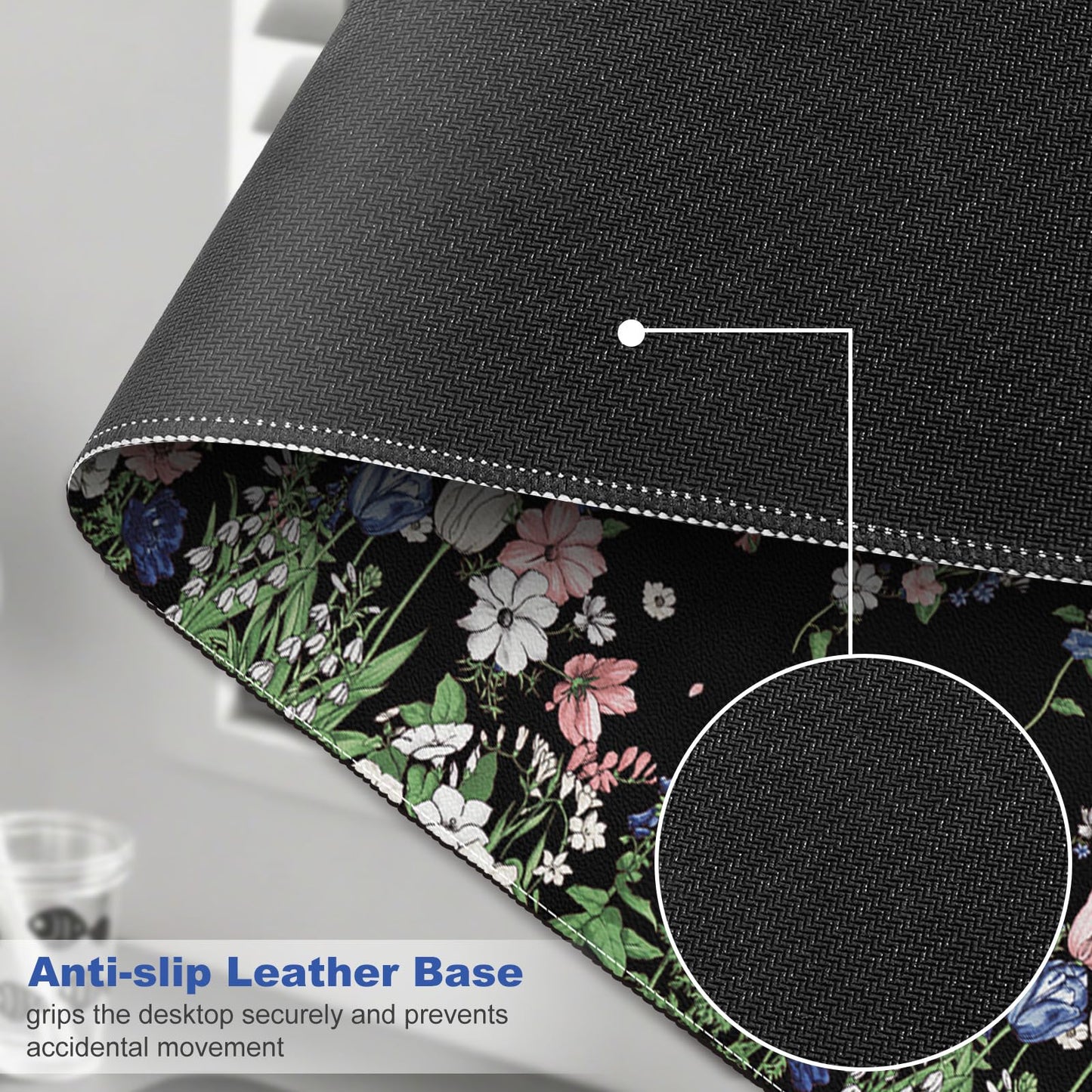 DINKY Leather Desk Protector Mouse Pad, Large Keyboard Mat, Non-Slip PVC Leather Blotter, Black Laptop Pad, Waterproof Writing Pad for Office Home 35.4" x 15.7", Flower Rain