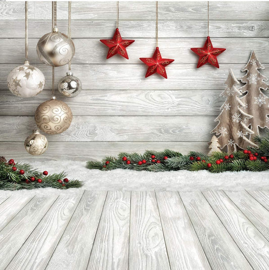 Dudaacvt 10x10ft Christmas Backdrop with Xmas Tree, Balls, White Wood Floor for Photography