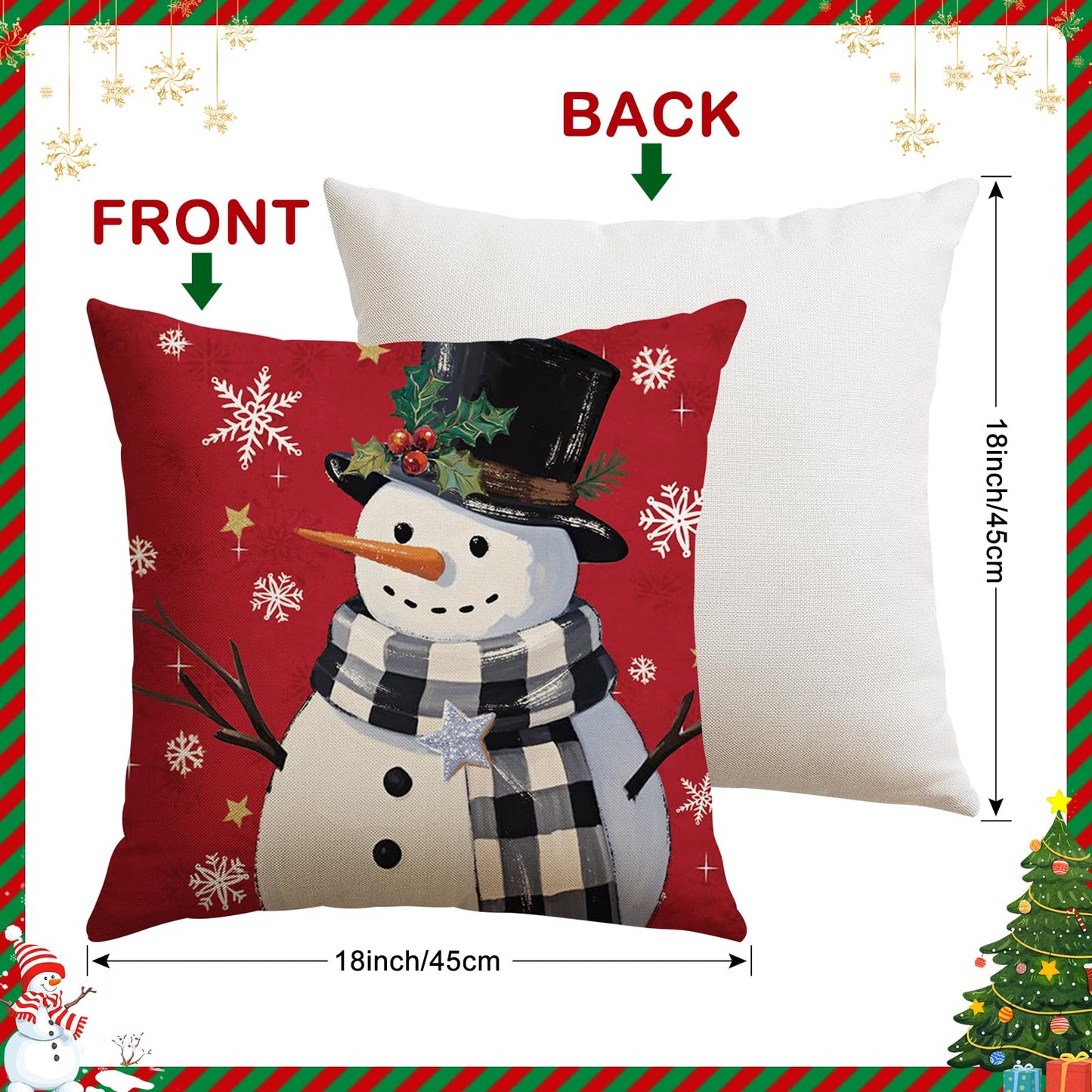 Artscope Christmas Tree Snowman Throw Pillow Covers 18x18 Inch Set of 4, Let It Snow Holly Jolly Winter Hoilday Christmas Decoration Pillow Cases for Home Sofa Couch Decor-Red