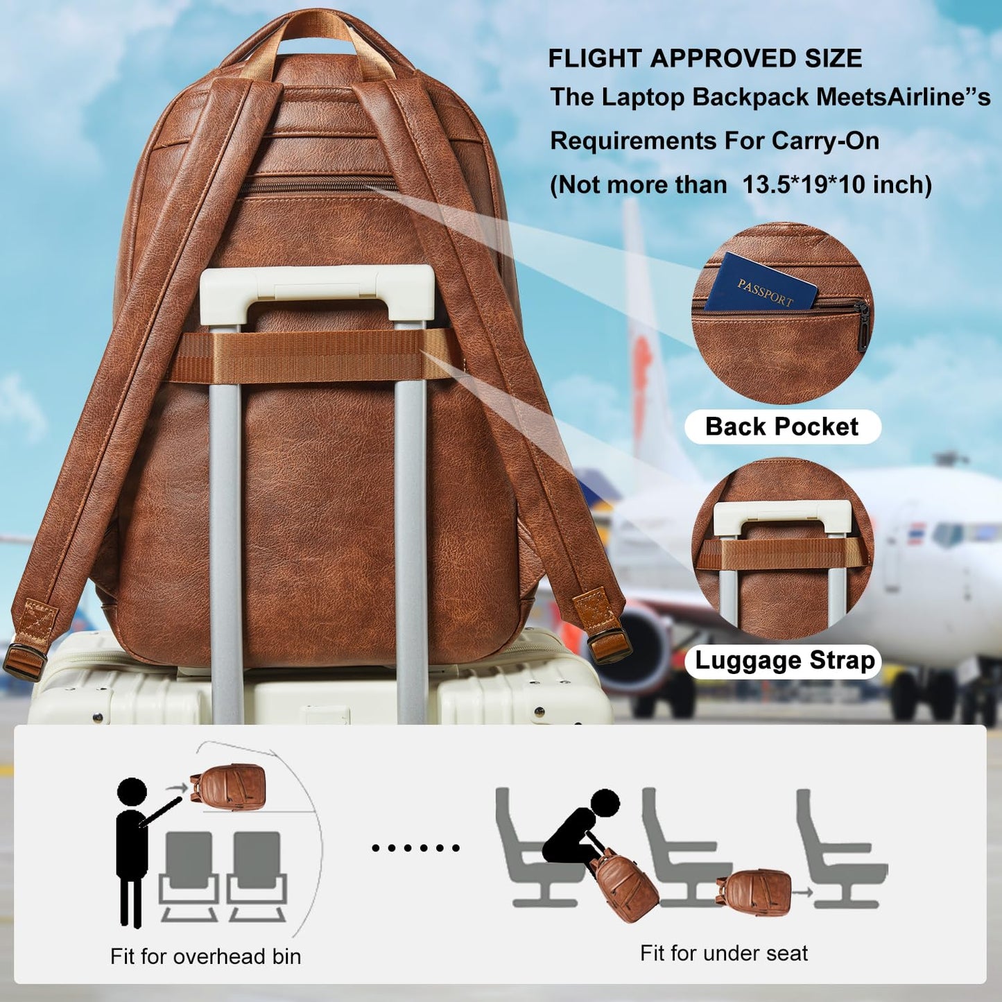 LATMAP 43L Backpack for Women Men - Vegan Leather Backpack Purse Travel Carry-on Bag College Bookbag Work fits 17" Laptop, Brown
