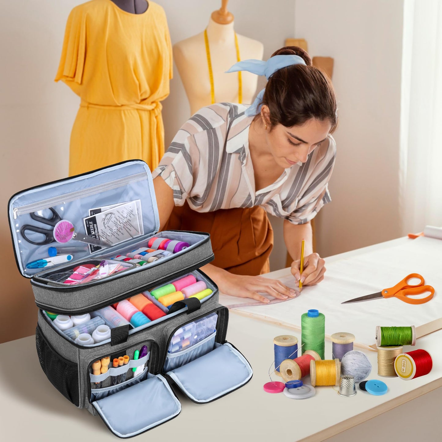 BAFASO Large Sewing Organizer Bag with an Individual Pouch and Detachable Dividers, 2 Layers Sewing Storage Bag for Sewing Supplies, Gray