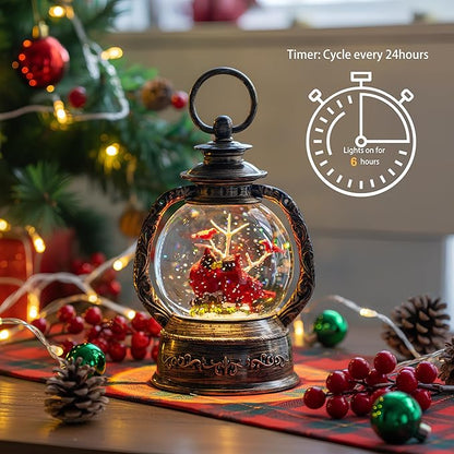 Christmas Snow Globe Lantern Water Glittering Cardinal with Music, USB Lined/Battery Operated Lighted Lantern for Christmas Festival Decoration Gifts