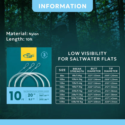 SF 10FT 20lb Pre-Tied Loop Saltwater Tapered Leader Fly Fishing Low Visibility High Strength Clear Nylon for Saltwater Bonefish Permit