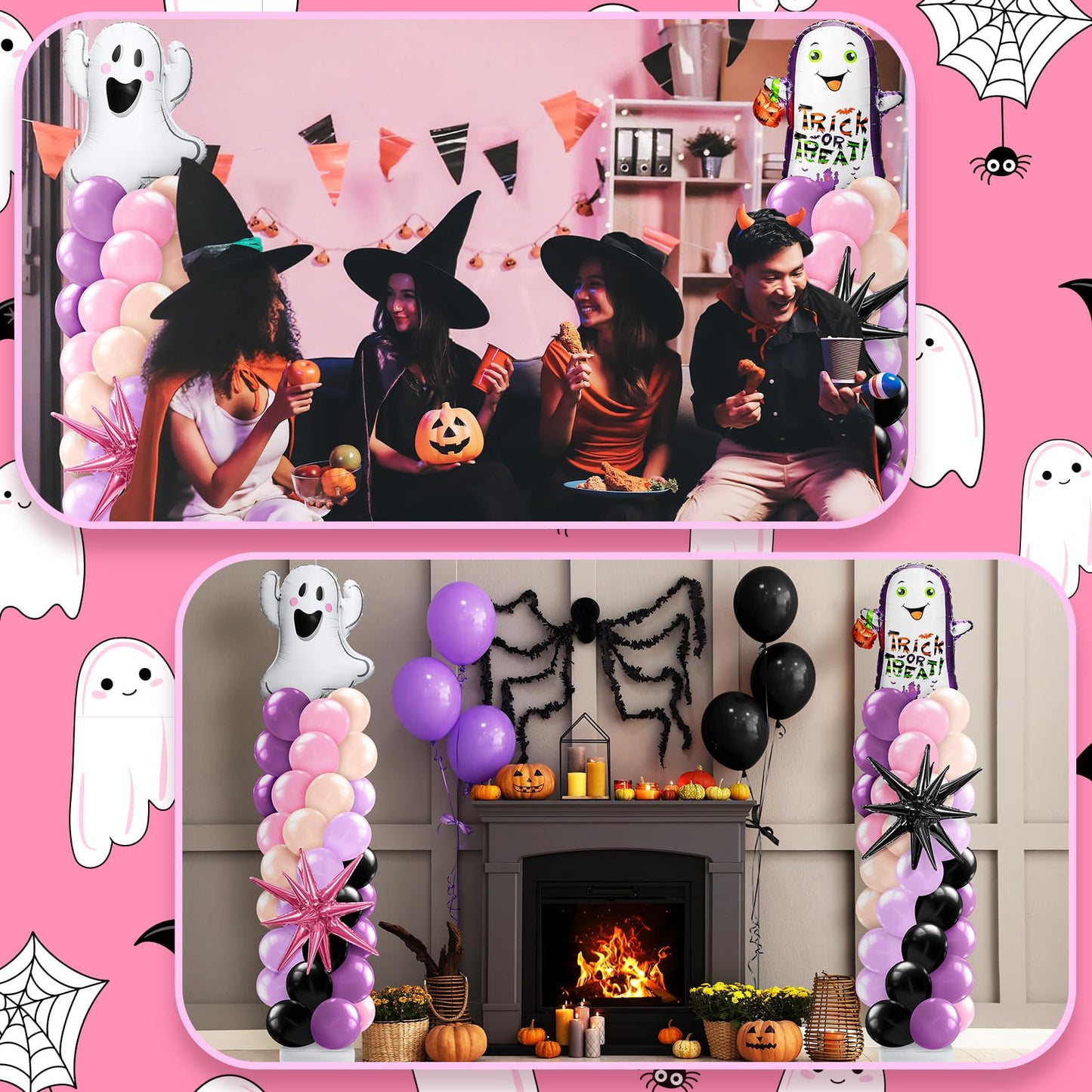 Kasyat 2 Sets Pink Purple Halloween Balloon Column Stand Kit Purple Pink and Black Arch Garland Kit with Cute Ghost Explosion Star Foil Balloons for Spooky Birthday Party Halloween Party Decoration