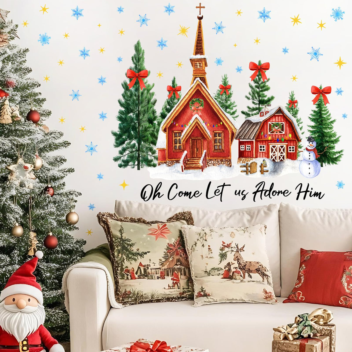 Large Christmas House Wall Stickers Christmas Pine Tree Window Wall Decals Winter Snowflake Snowman Tree House Window Stickers Holiday Windows Decals Removable Xmas Party Decorations