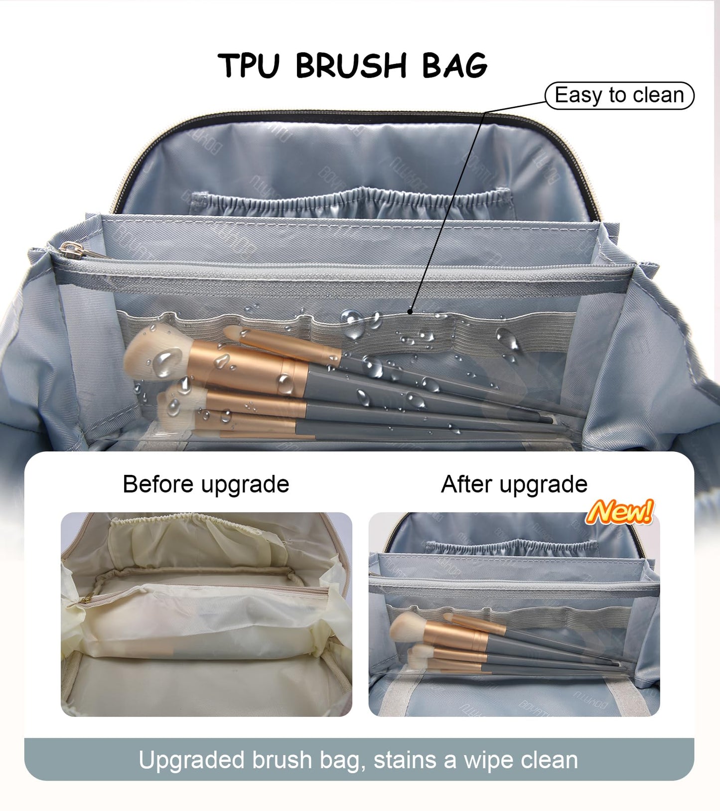 BOYATU Travel Makeup Bags Cosmetic Organizer Bag: 3 Pcs Set Large Capacity Floral Make up Bag with Compartments - Waterproof Leather Toiletry Bags with Handle for Women (01-Light Blue)