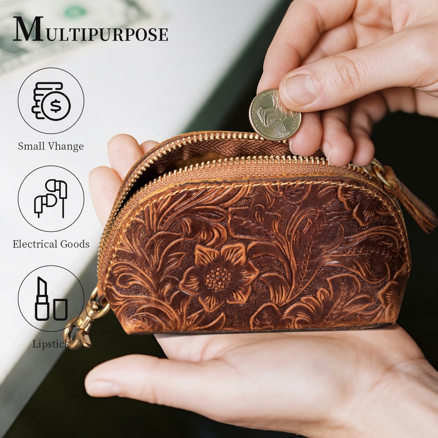 Gexmil Genuine Leather Coin Purse with Zipper, Full Grain Leather, Mini Coin Pouch for Women Men, Change Wallet,Floral Brown