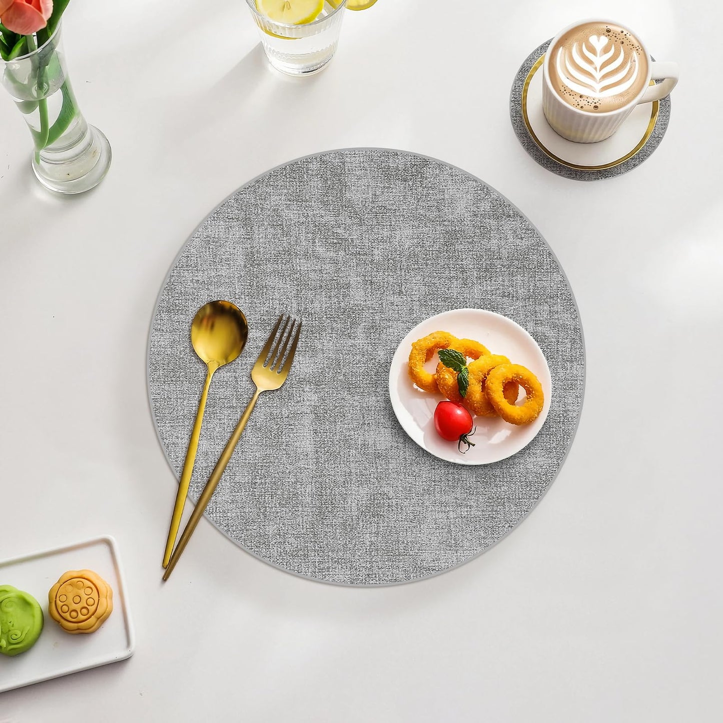 Homaxy Round Faux Leather Placemats and Coasters, Washable Dual-Side Table Mats, Wipeable Heat-Resistant Dining Place Mats for Outdoor and Indoor, Set of 12, Diameter 13 and 3.93 inch, Light Grey