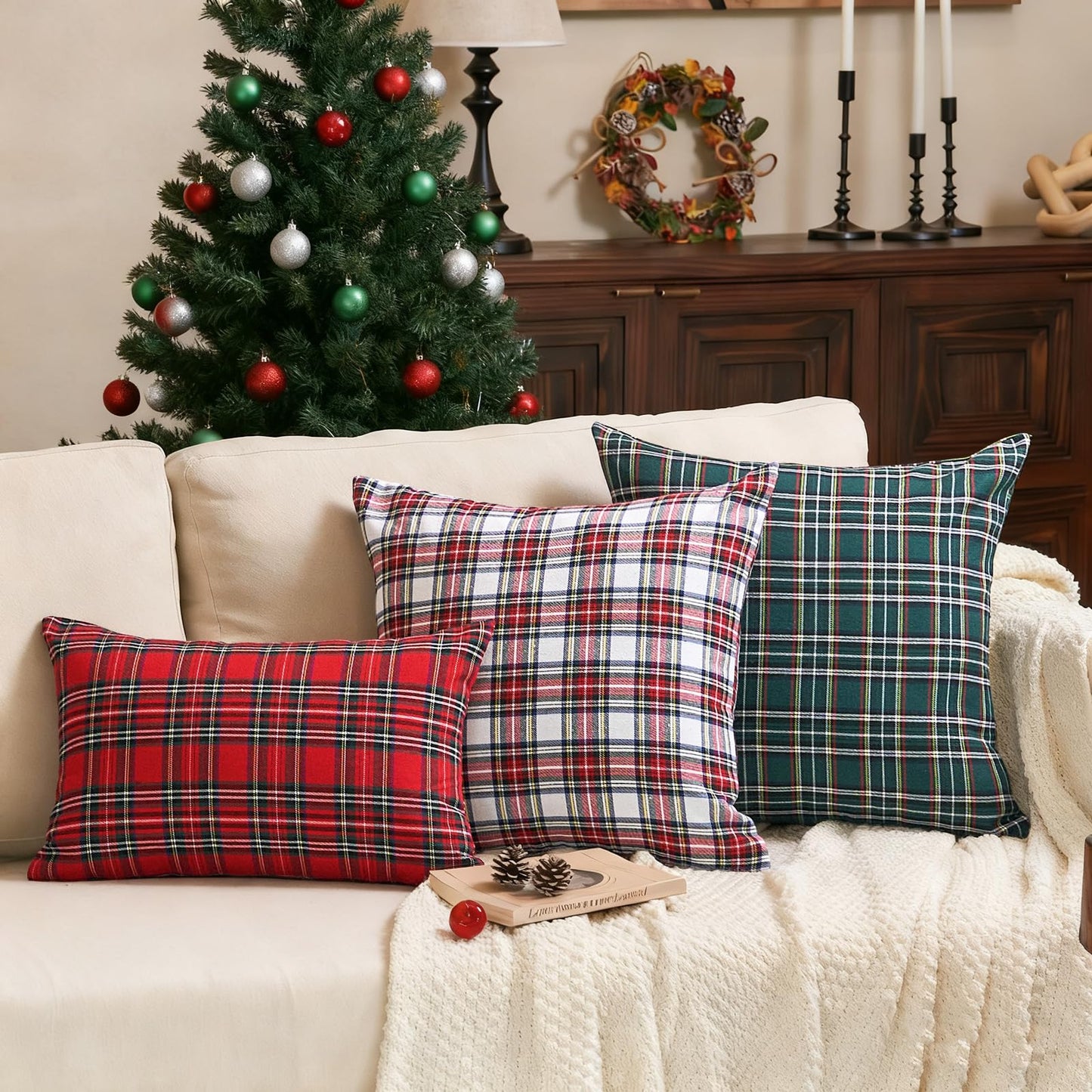 CARRIE HOME Red Tartan Plaid Christmas Throw Pillow Covers 20x20 Set of 2 Christmas Couch Pillow Covers Xmas Decor for Winter Holiday