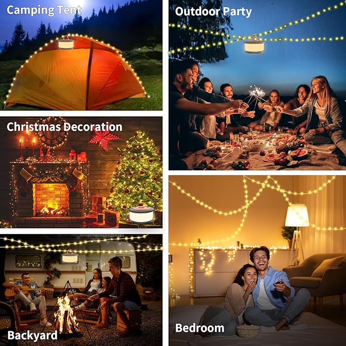 Camping String Lights, 3 in 1 Outdoor Camping Light with 6 Lighting Modes, Quick Storage 32.8FT Rechargeable Tent Lantern, Portable LED Hanging Light for Outdoor Patio Awning Garden Party