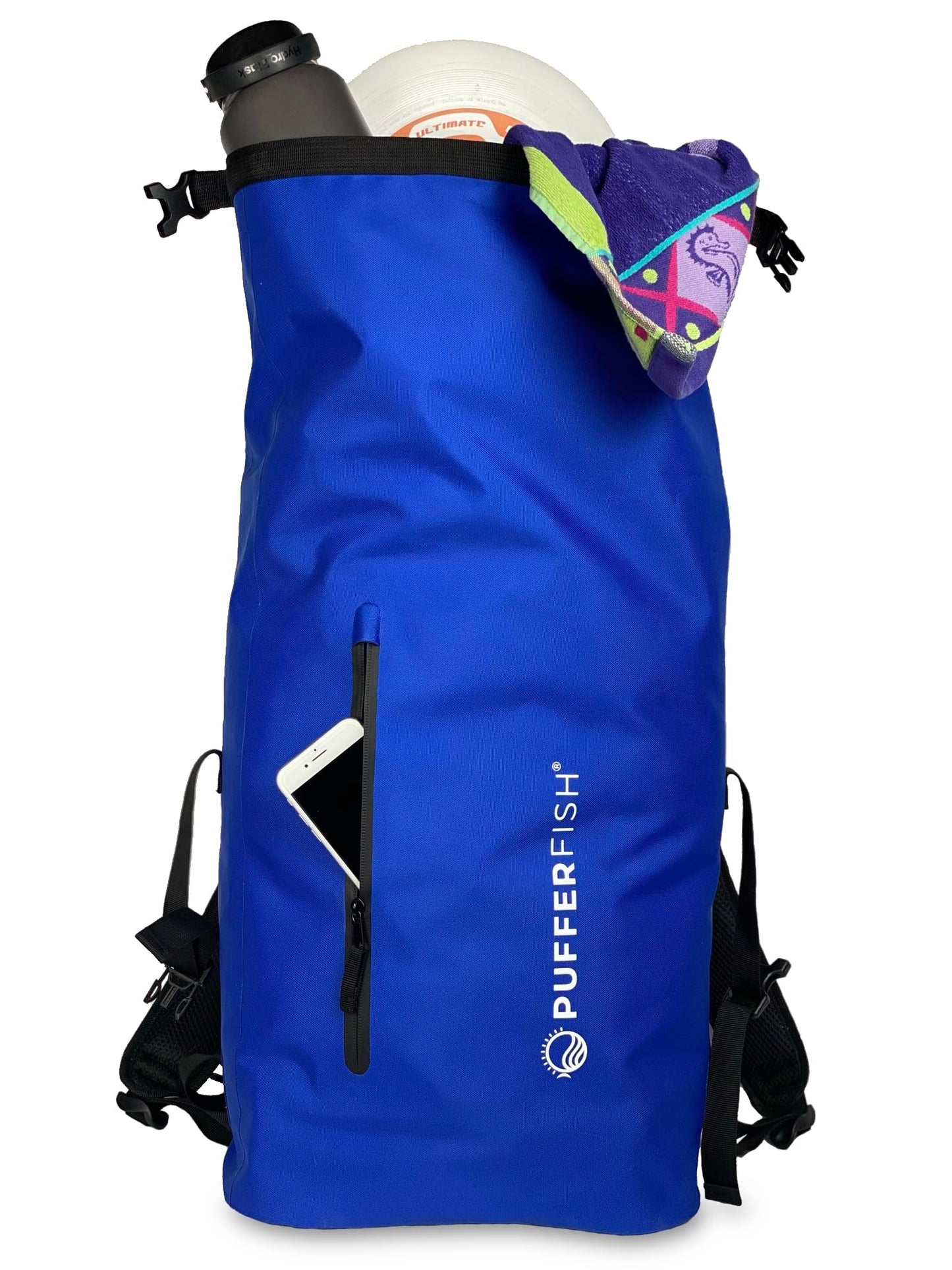PUFFERFISH 35L Waterproof Roll-Top Beach Backpack - Sandproof Dry Bag Daypack for Beach, Pool, Boat & Travel - Padded Back & Straps, Multiple Pockets, Recycled Plastic, Blue