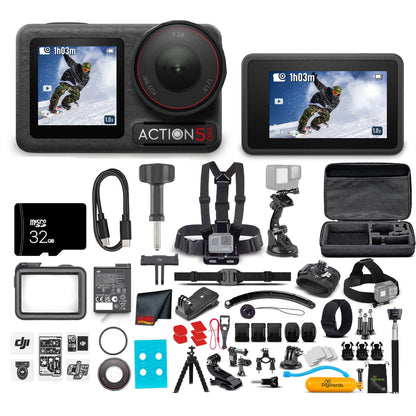 DJI Osmo Action 5 Pro Essential Combo - Action Camera Waterproof with 4K UHD Video, 1/1.3" Sensor, Dual Screens, Stabilization, for Vlogging, Sports & Travel + 32GB Card & 50 Piece Accessory Kit