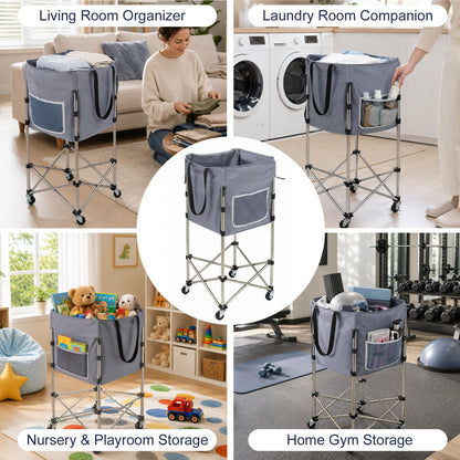 TAIALPHAYI 35.9" Tall Laundry Cart with Wheels, No-Bend Rolling Laundry Basket, Stable Stainless Steel Frame, Collapsible Laundry Hamper for Bathroom, Dorm & Bedroom, 600D Washable Bag – Grey