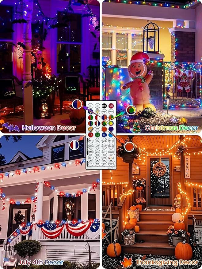 600LED Smart Color Changing Halloween Lights App Controlled, 208FT Waterproof RGB Xmas String Light Music Sync Multiple Modes, Christmas Lights with Remote & Timer Indoor Outdoor Halloween Decorations