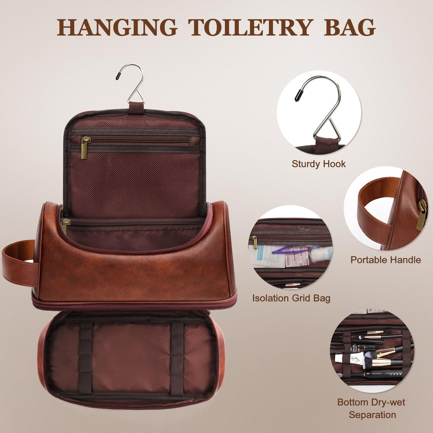 Ecttunafe Personalized Gifts Travel Toiletry Bag for Men, Engraved Monogrammed Initial PU Leather Waterproof Shaving Bag with Hook, Best Birthday Gifts Choice for Men Dad Husband Groomsmen Adults,M