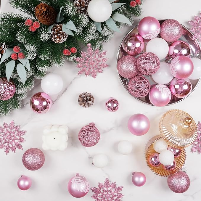 SY CRAFT 86 Pieces of Assorted Shatterproof Christmas Ball Snowflake Ornaments Seasonal Decorative Hanging Ornament Set with Hand-held Gift Package for Xmas Tree Decorations (86PCS, Pink)