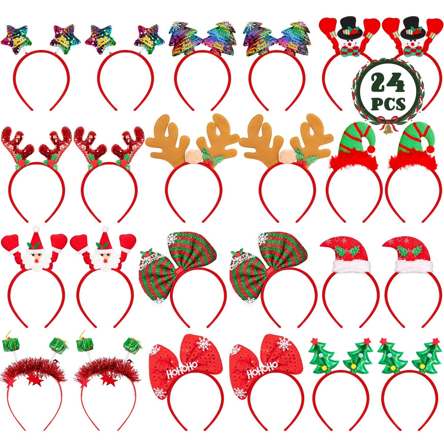 HOVACY 24 Pcs Christmas Headbands, 12 Styles Christmas Headwears with Assorted Design Santa Christmas Tree Snowman Stars Reindeer Antler, Xmas Party Decor for Women Men Christmas Party Favors