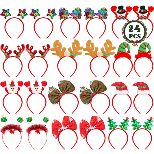 HOVACY 24 Pcs Christmas Headbands, 12 Styles Christmas Headwears with Assorted Design Santa Christmas Tree Snowman Stars Reindeer Antler, Xmas Party Decor for Women Men Christmas Party Favors